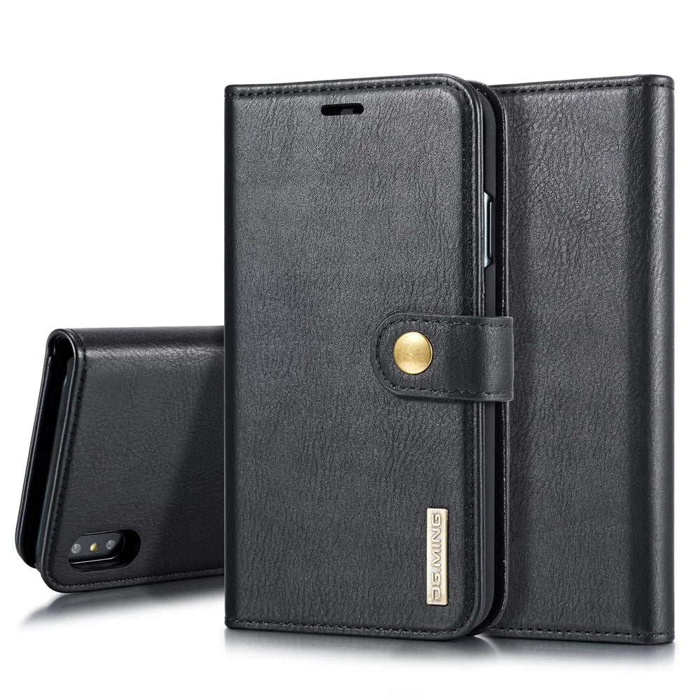 DG.MING Cover for iPhone XS Max 6.5 inch Detachable 2-in-1 Split Leather Wallet Shell + PC Back Case - Black - 1
