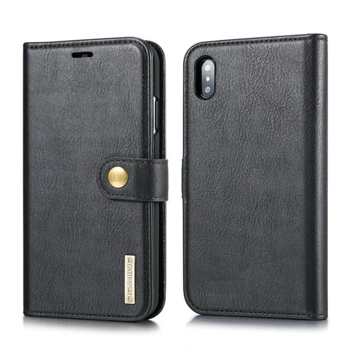 DG.MING Cover for iPhone XS Max 6.5 inch Detachable 2-in-1 Split Leather Wallet Shell + PC Back Case - Black - 2