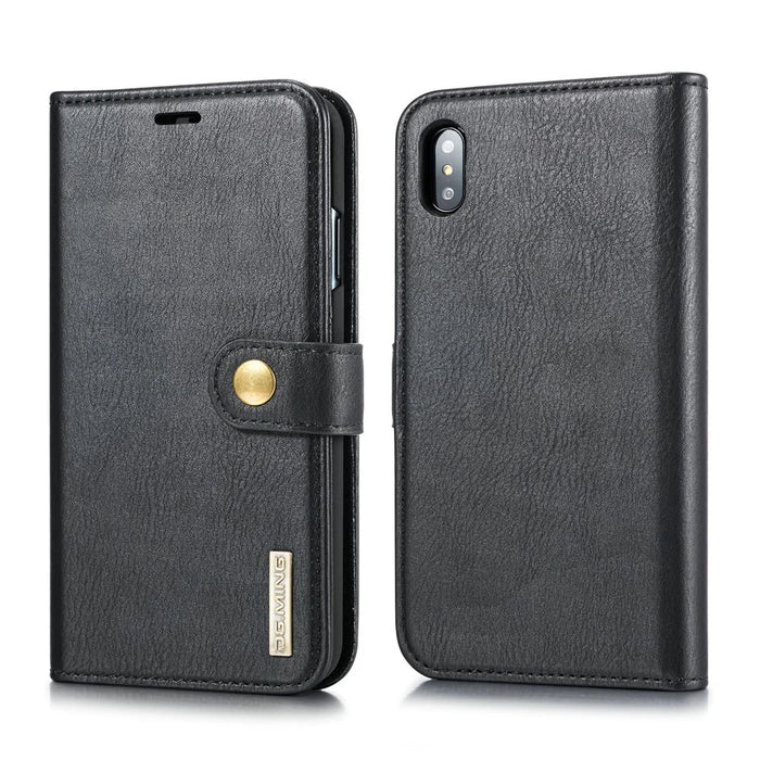 DG.MING Cover for iPhone XS Max 6.5 inch Detachable 2-in-1 Split Leather Wallet Shell + PC Back Case - Black - 2
