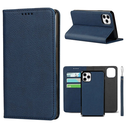 Litchi Skin Stand Genuine Leather TPU Protective Shell for iPhone 11 Pro Max Detachable Case - Blue - 1
