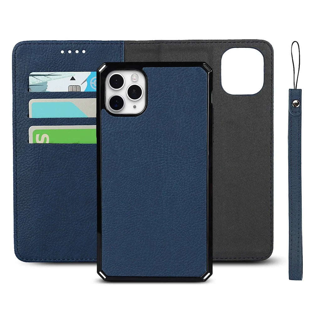 Litchi Skin Stand Genuine Leather TPU Protective Shell for iPhone 11 Pro Max Detachable Case - Blue - 6