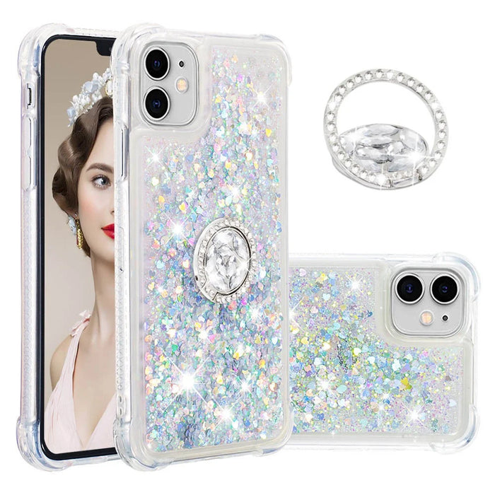 Drop-proof Glitter Quicksand Ring Kickstand TPU Phone Protective Shell for iPhone 11 6.1 inch - Light Green - 1