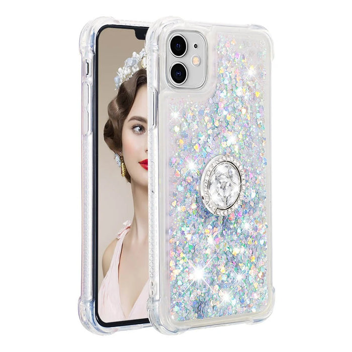 Drop-proof Glitter Quicksand Ring Kickstand TPU Phone Protective Shell for iPhone 11 6.1 inch - Light Green - 3