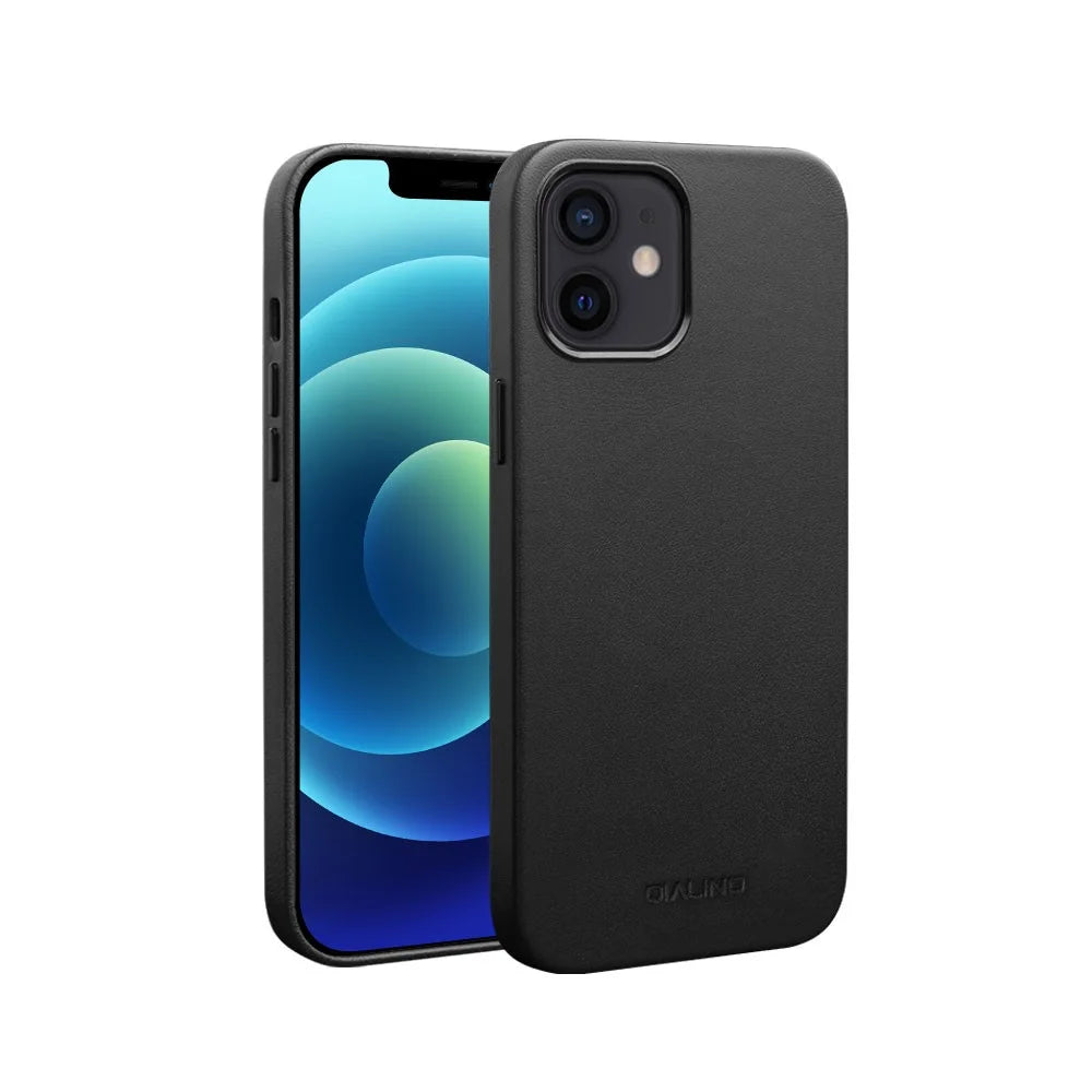 QIALINO For iPhone 12 6.1 inch / 12 Pro 6.1 inch Compatible with MagSafe Charging Phone Case Cowhide Genuine Leather Cover - Black - 1