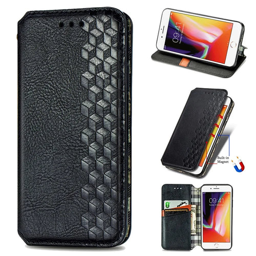 For iPhone 7 / 8 / SE (2020) / SE (2022) PU Leather Case Rhombus Imprint Wallet Stand Phone Cover - Black - 1