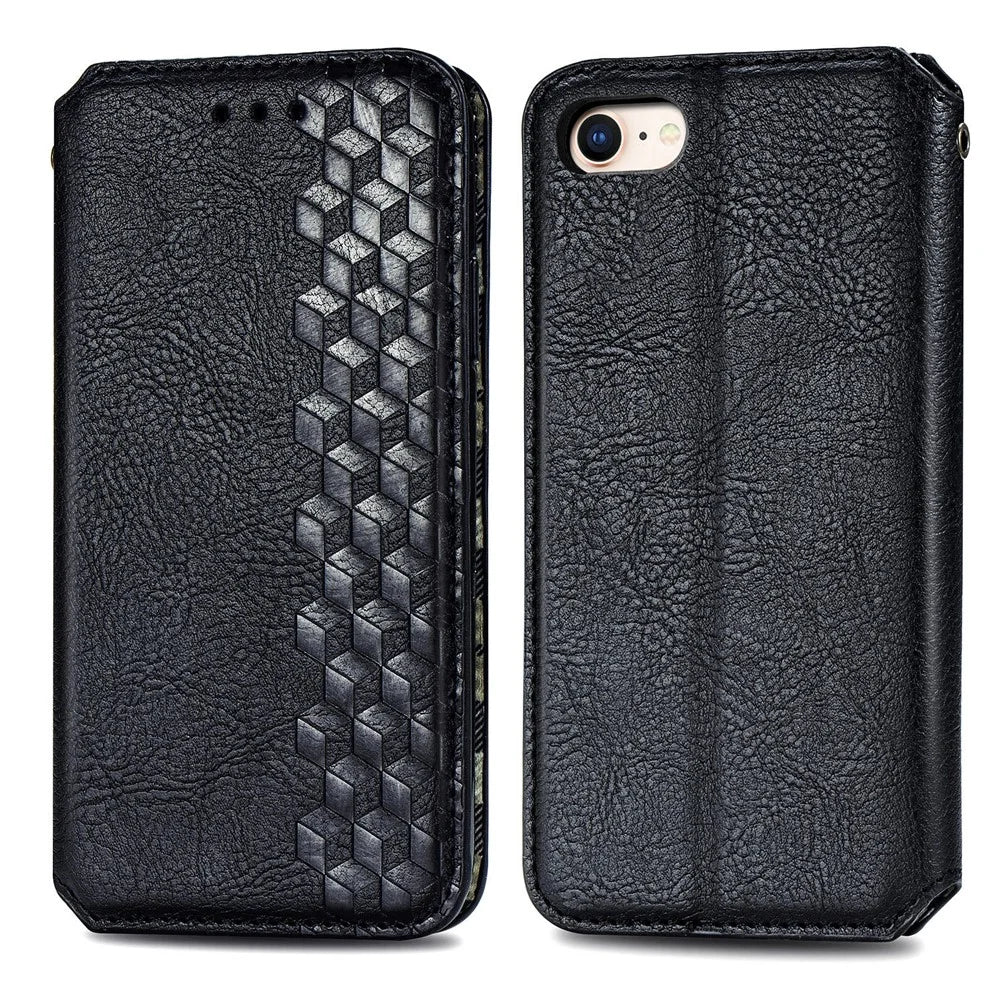 For iPhone 7 / 8 / SE (2020) / SE (2022) PU Leather Case Rhombus Imprint Wallet Stand Phone Cover - Black - 2