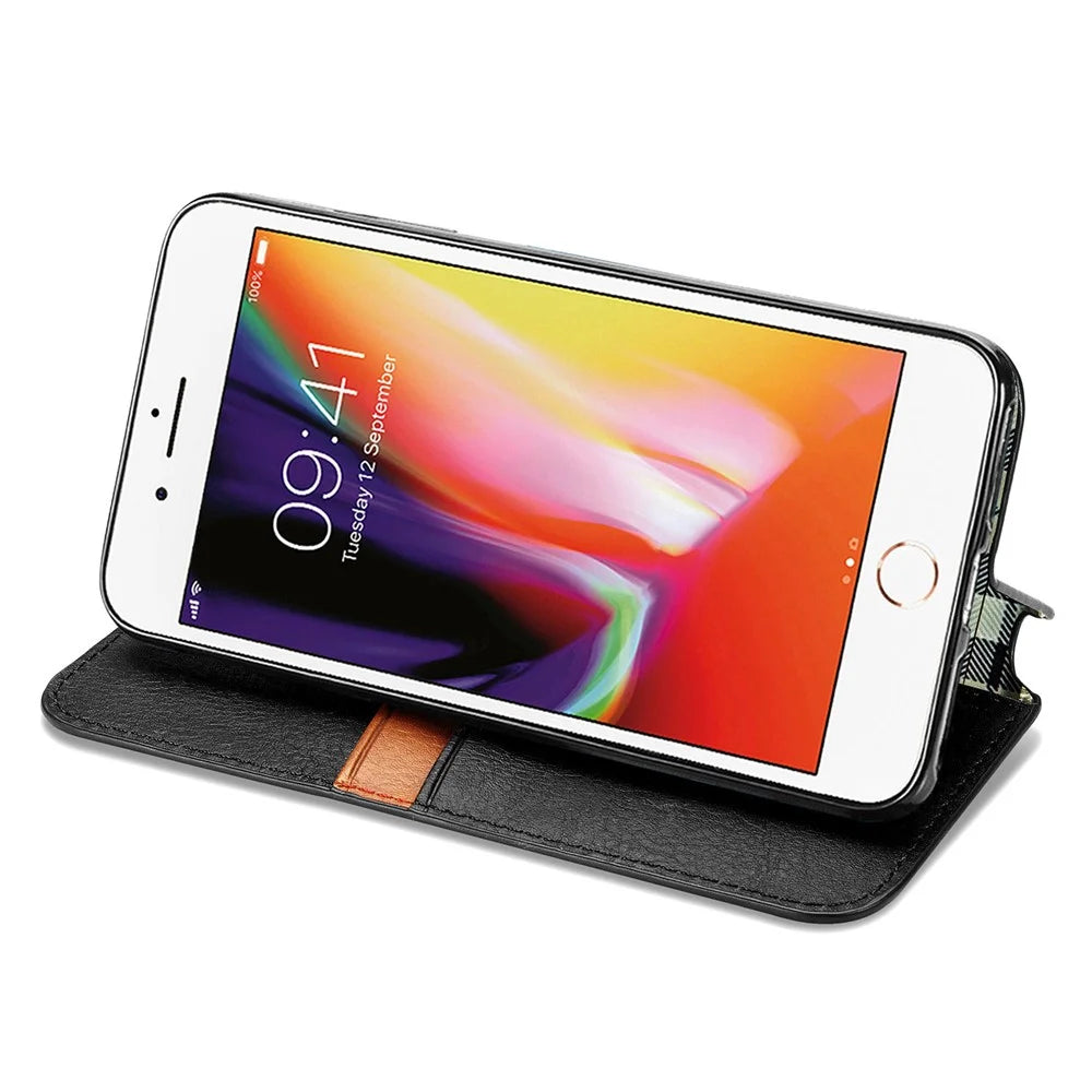 For iPhone 7 / 8 / SE (2020) / SE (2022) PU Leather Case Rhombus Imprint Wallet Stand Phone Cover - Black - 6