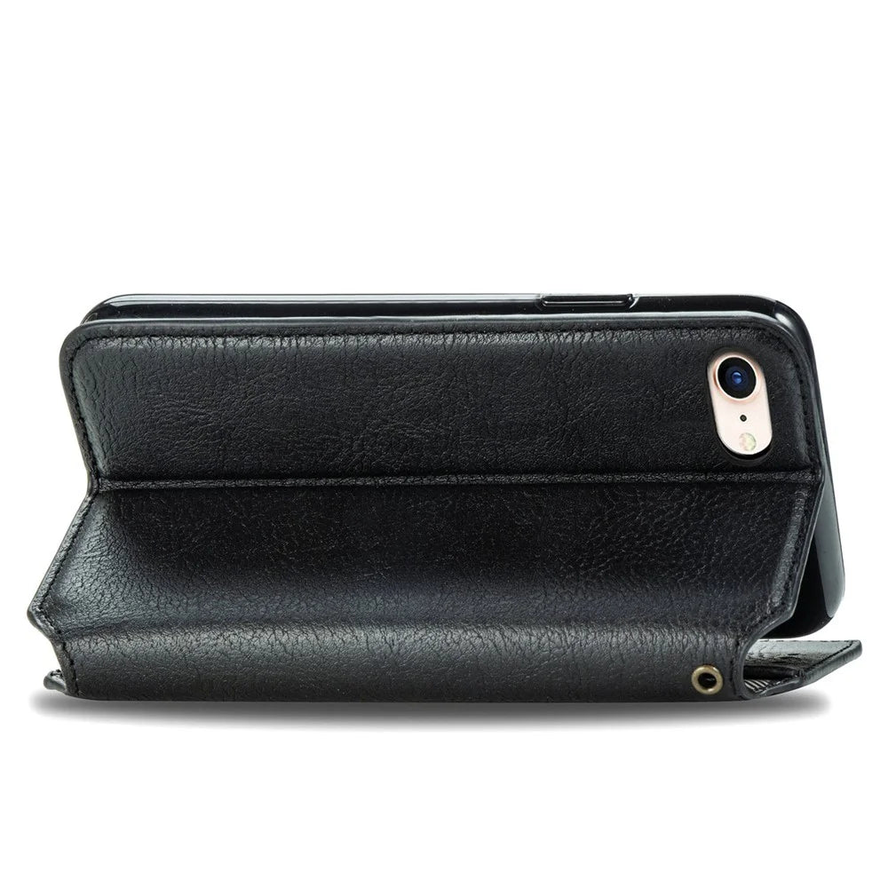 For iPhone 7 / 8 / SE (2020) / SE (2022) PU Leather Case Rhombus Imprint Wallet Stand Phone Cover - Black - 7