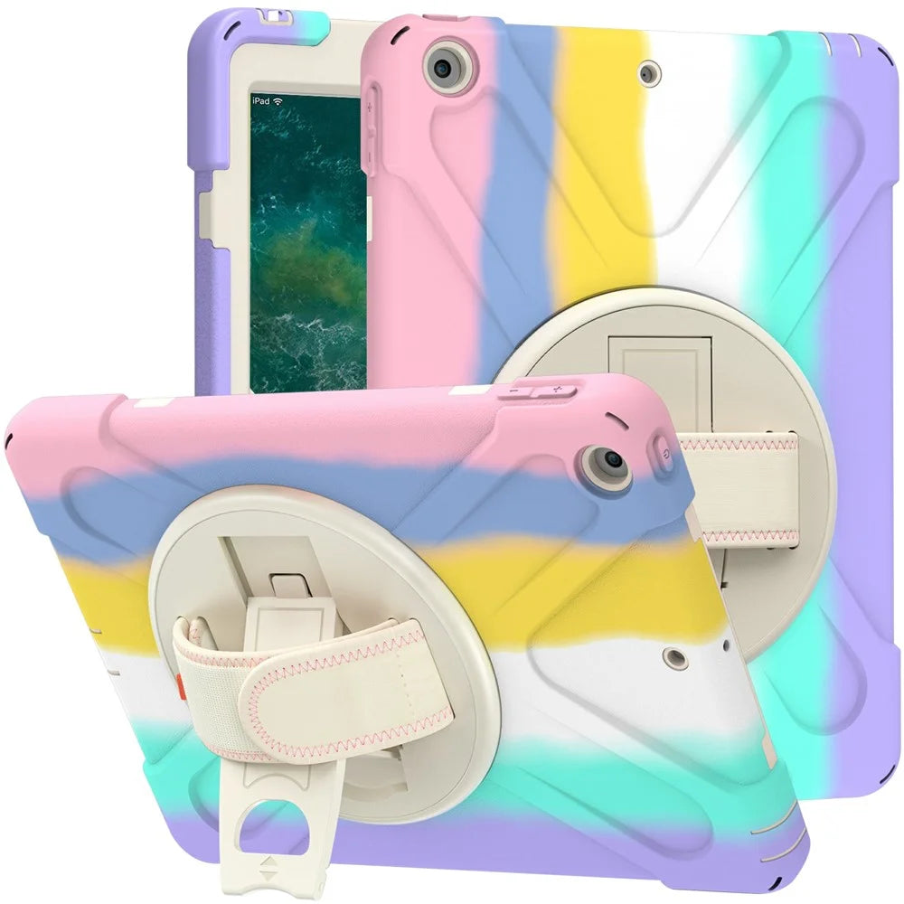Hand Band Strap Design Tablet Cover with 360 Degree Swivel Kickstand for iPad 9.7-inch (2017)/(2018) - Colorful/Pink - 1