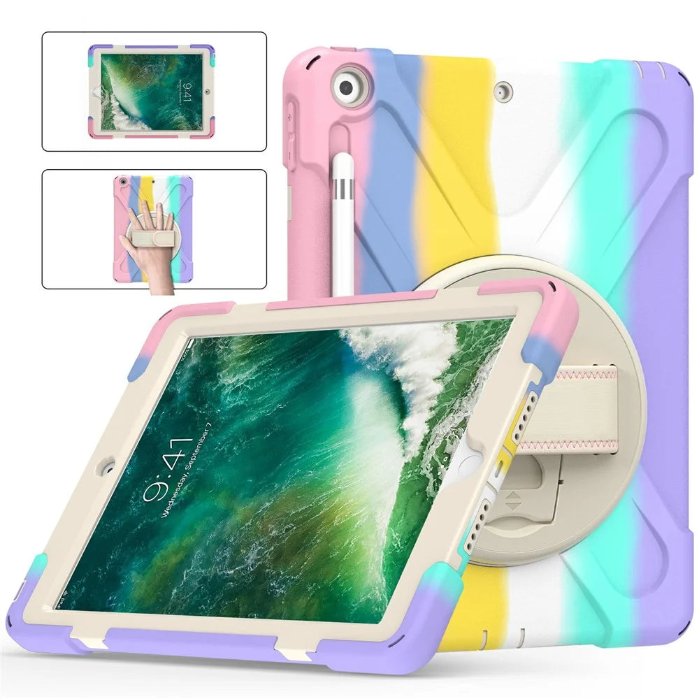 Hand Band Strap Design Tablet Cover with 360 Degree Swivel Kickstand for iPad 9.7-inch (2017)/(2018) - Colorful/Pink - 3