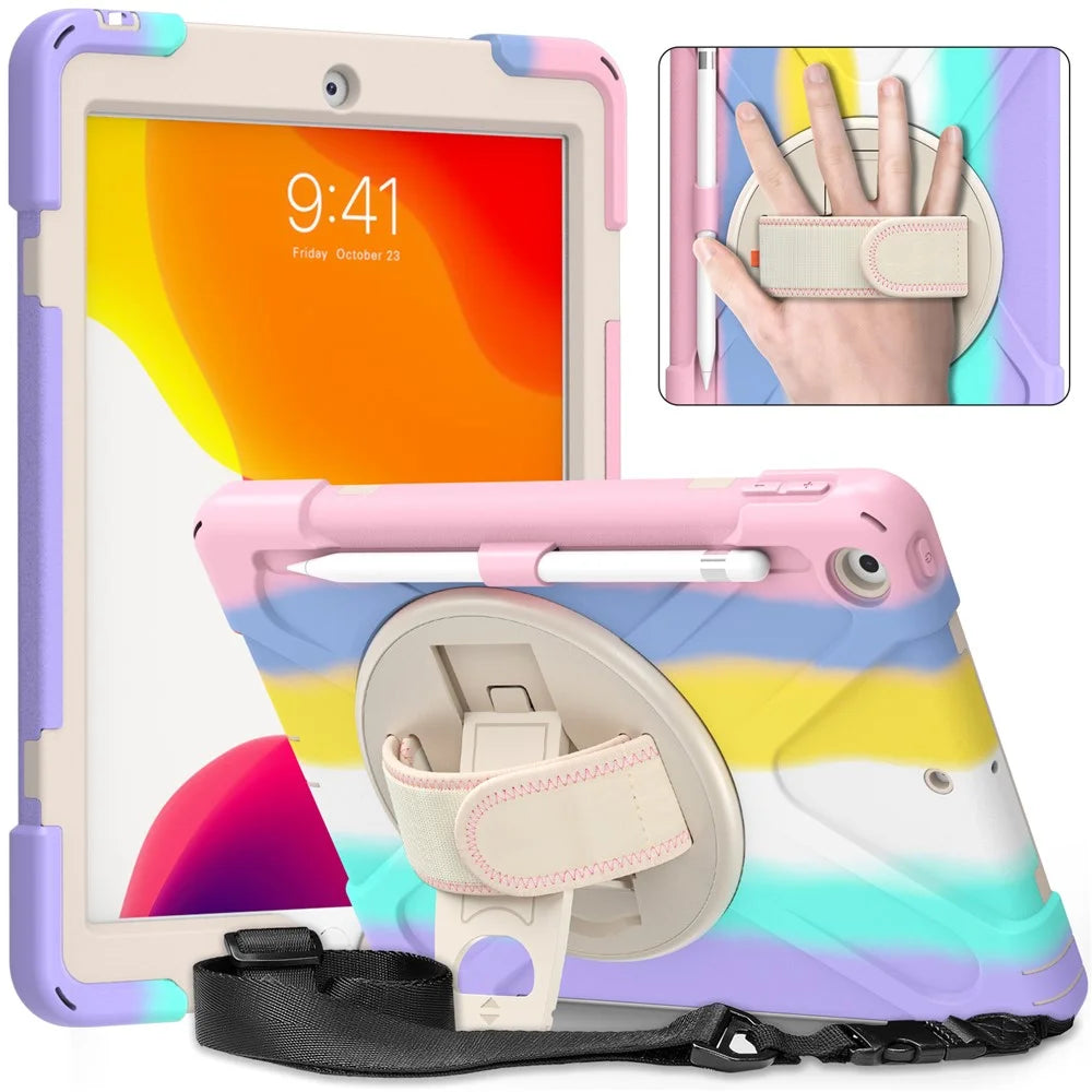 Rotary Kickstand Design Tablet Cover with Shoulder Strap for iPad 10.2 (2021)/(2020)/(2019) - Colorful/Pink - 1