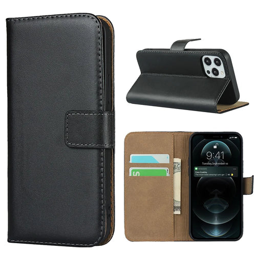Genuine Leather Wallet Stand Phone Protector Case Shell for iPhone 12 / 12 Pro - Black - 1