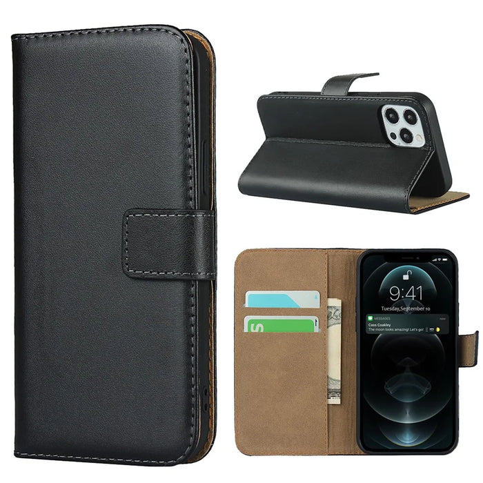 Genuine Leather Wallet Stand Phone Protector Case Shell for iPhone 12 / 12 Pro - Black - 1
