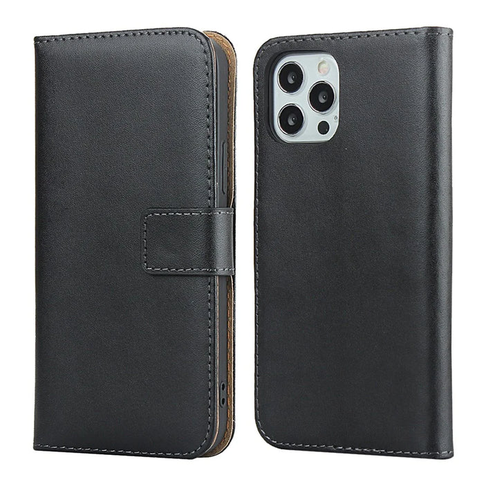 Genuine Leather Wallet Stand Phone Protector Case Shell for iPhone 12 / 12 Pro - Black - 2