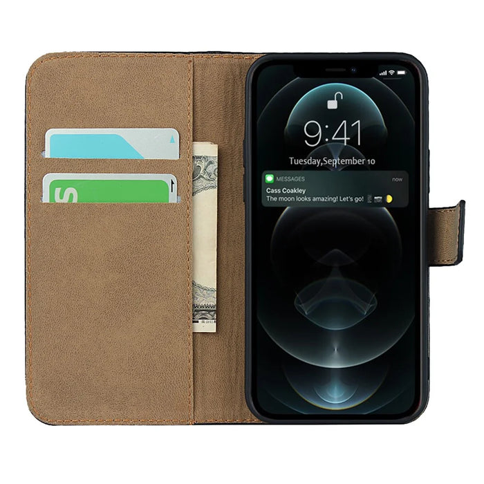 Genuine Leather Wallet Stand Phone Protector Case Shell for iPhone 12 / 12 Pro - Black - 5