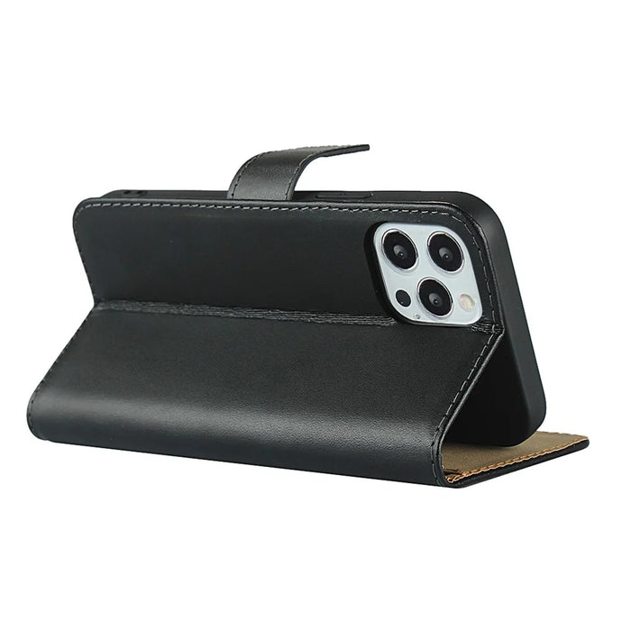 Genuine Leather Wallet Stand Phone Protector Case Shell for iPhone 12 / 12 Pro - Black - 6