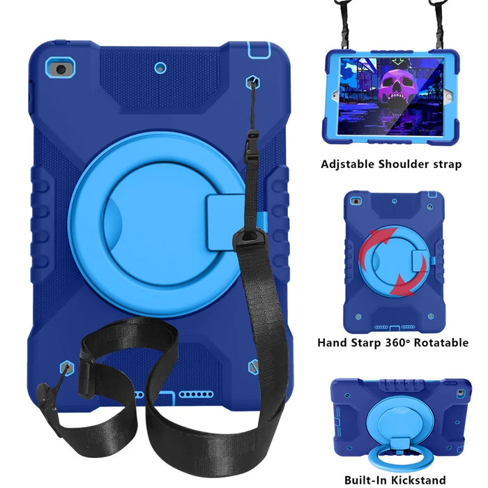 360 Degree Swivel Kickstand Design PC + Silicone Hybrid Tablet Case with Shoulder Strap for iPad 10.2 (2020)/ (2021) / iPad 10.2 (2019) - Drak Blue+Blue - 1