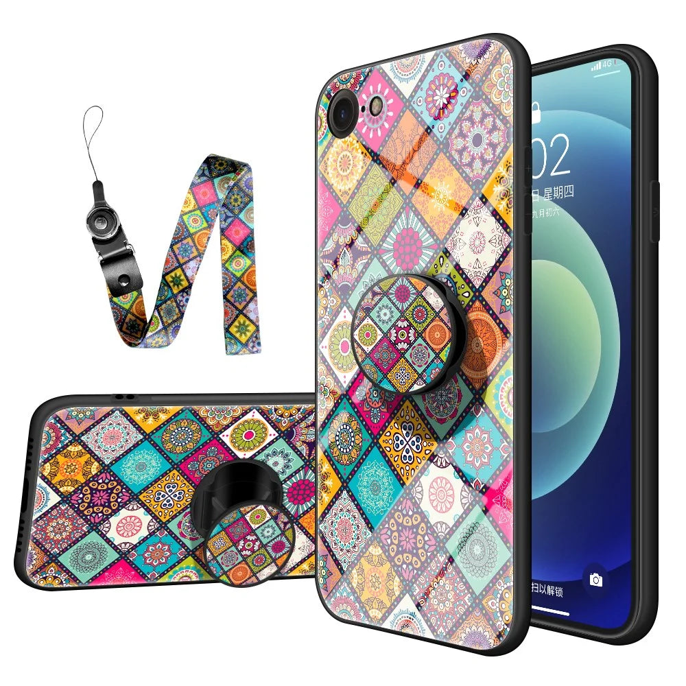 Colorful Flower Print Hybrid Glass Phone Case Cover with Kickstand Lanyard for iPhone 7/8 4.7 inch / SE (2020)/SE (2022) - Checkered Pattern - 1