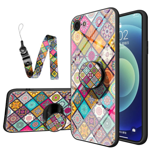Colorful Flower Print Hybrid Glass Phone Case Cover with Kickstand Lanyard for iPhone 7/8 4.7 inch / SE (2020)/SE (2022) - Checkered Pattern - 1