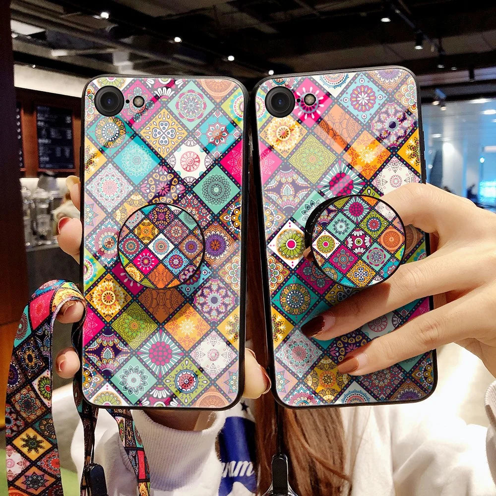 Colorful Flower Print Hybrid Glass Phone Case Cover with Kickstand Lanyard for iPhone 7/8 4.7 inch / SE (2020)/SE (2022) - Checkered Pattern - 4