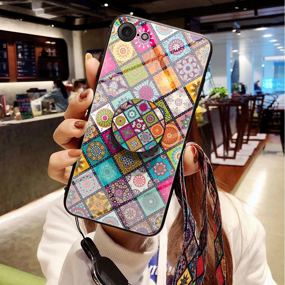 Colorful Flower Print Hybrid Glass Phone Case Cover with Kickstand Lanyard for iPhone 7/8 4.7 inch / SE (2020)/SE (2022) - Checkered Pattern - 5