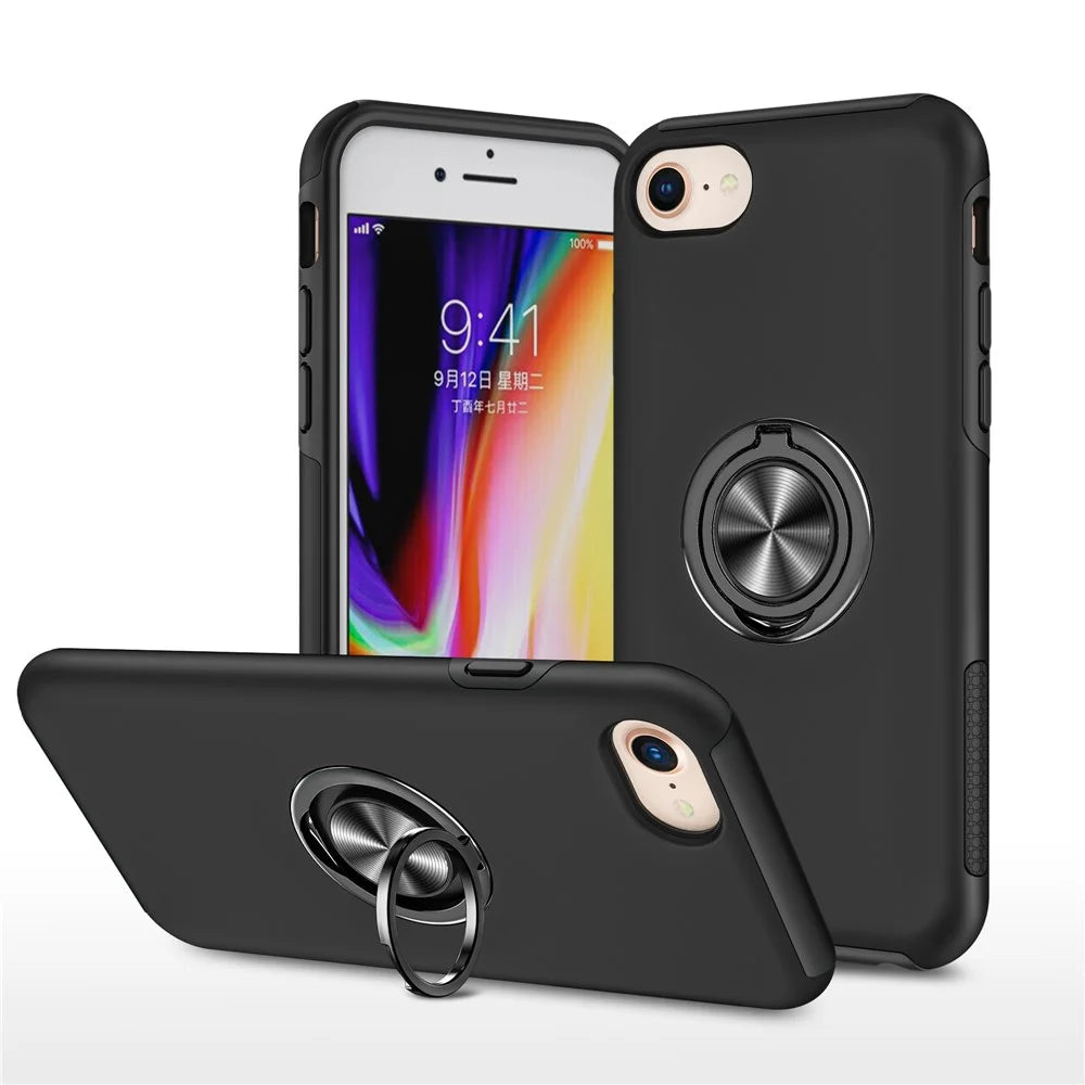 Hybrid Phone Case Cover Full Protection with Ring Shape Kickstand Design for iPhone 7 4.7 inch/8 4.7 inch/SE (2020)/SE (2022) - Black - 1