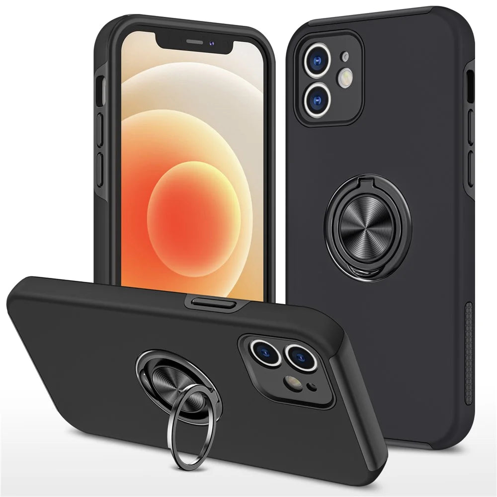Full Protection Hybrid Phone Cover Case Ring Shape Kickstand Design for iPhone 12 - Black - 1