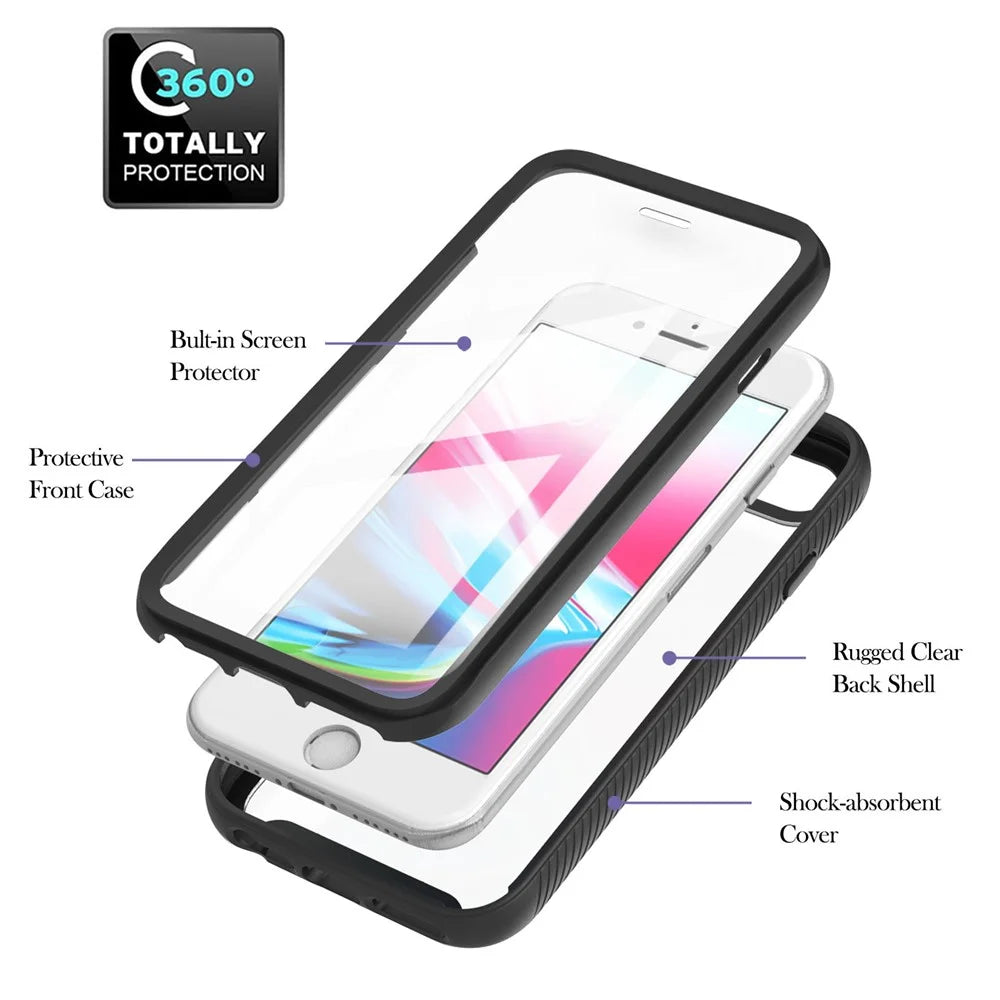 For iPhone 7 4.7 inch / 8 4.7 inch / SE (2020) / SE (2022) Full-Coverage PC+TPU Hybrid Phone Case with PET Screen Protector - Black / Black Frame - 6