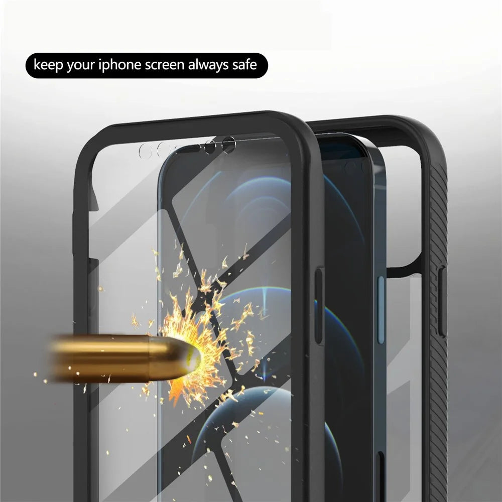 Full-Coverage Protection Case with PET Screen Protector for iPhone 12 Pro Max PC+TPU Hybrid Cover - Black - 3