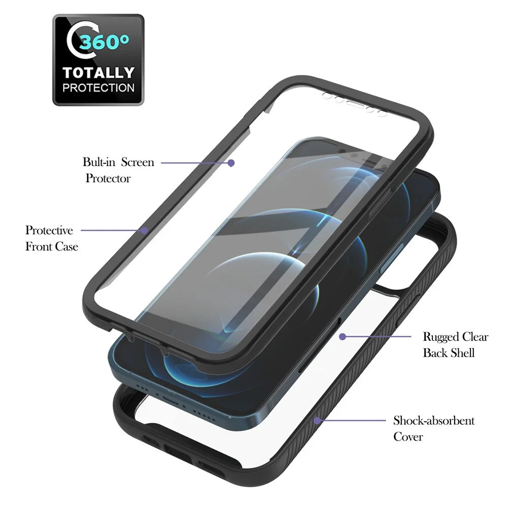 Full-Coverage Protection Case with PET Screen Protector for iPhone 12 Pro Max PC+TPU Hybrid Cover - Black - 6