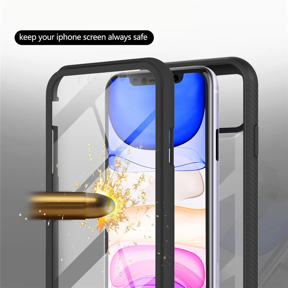 For iPhone 11 6.1 inch Phone Case 3-in-1 Anti-Drop Full Protection PC+TPU Protective Cover with PET Screen Protector - Black / Black Frame - 3