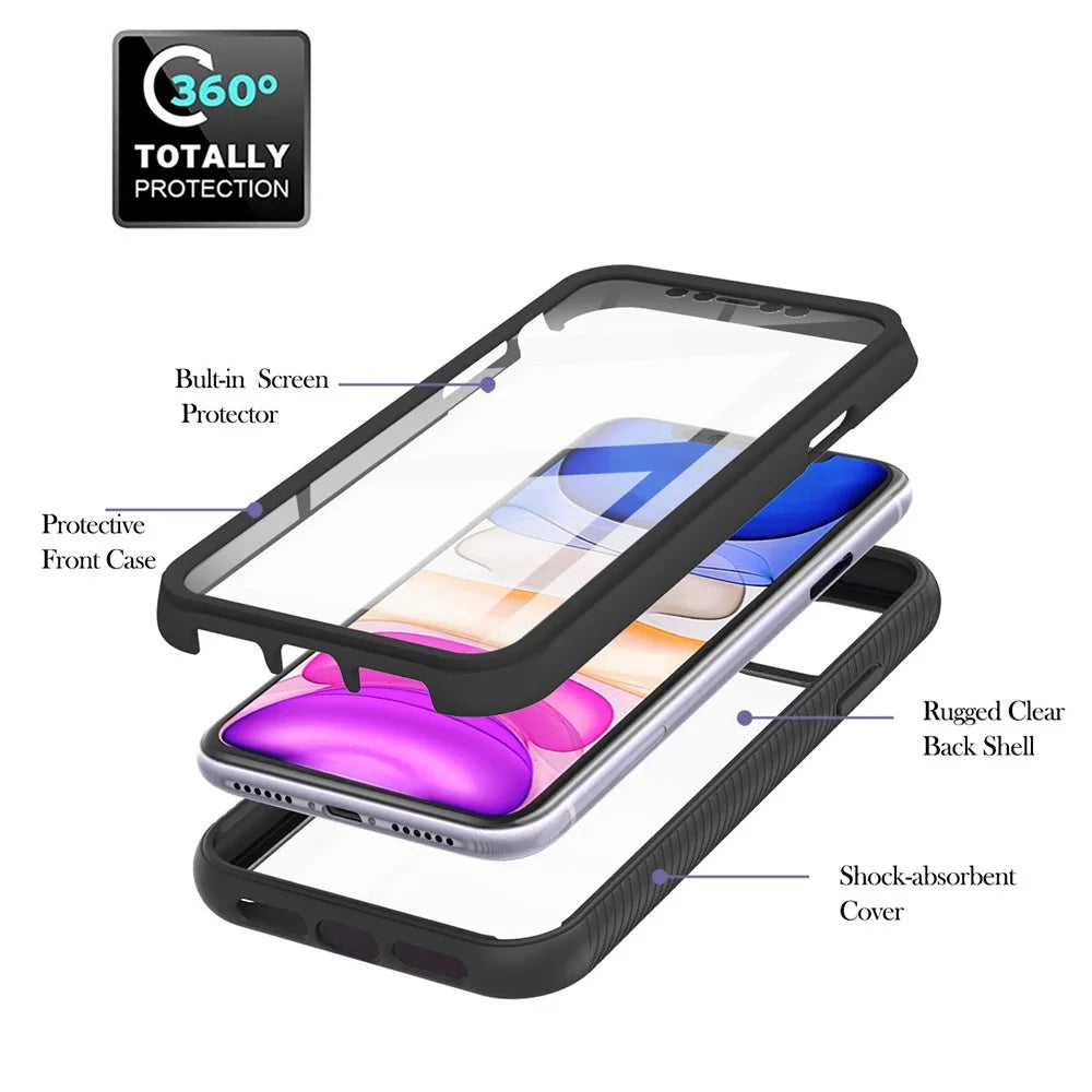 For iPhone 11 6.1 inch Phone Case 3-in-1 Anti-Drop Full Protection PC+TPU Protective Cover with PET Screen Protector - Black / Black Frame - 6
