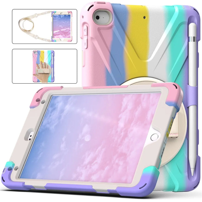 Revolving Kickstand Design Tablet Cover + Strap with Colorful Rainbow Pattern Design for iPad mini 4/(2019) 7.9 inch - Colorful/Pink - 4
