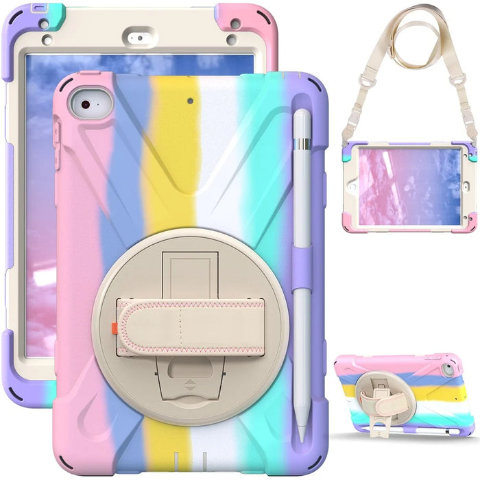 Revolving Kickstand Design Tablet Cover + Strap with Colorful Rainbow Pattern Design for iPad mini 4/(2019) 7.9 inch - Colorful/Pink - 7