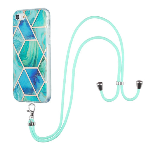 2.0mm IMD Electroplating Marble Pattern Splicing TPU Phone Case with Lanyard for iPhone 7 4.7 inch/8 4.7 inch/SE (2020)/SE (2022) - Green - 1