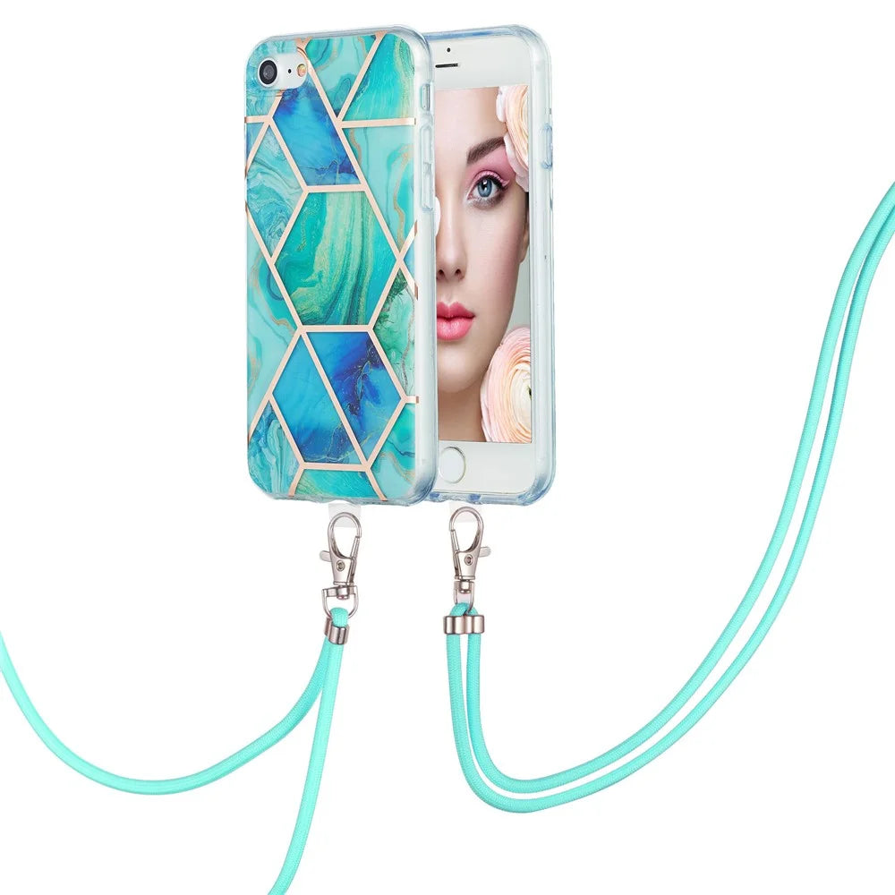 2.0mm IMD Electroplating Marble Pattern Splicing TPU Phone Case with Lanyard for iPhone 7 4.7 inch/8 4.7 inch/SE (2020)/SE (2022) - Green - 2