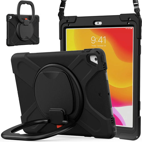 Flexible Tablet Cover with 360 Degree Swivel Kickstand + Shoulder Strap (B Style) for iPad 9.7-inch (2017) / (2018) / Air 2 - Black / Black - 1