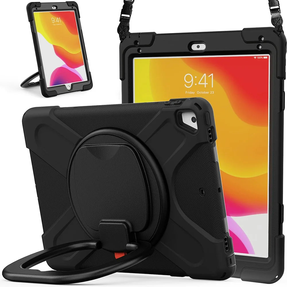 Flexible Tablet Cover with 360 Degree Swivel Kickstand + Shoulder Strap (B Style) for iPad 9.7-inch (2017) / (2018) / Air 2 - Black / Black - 2