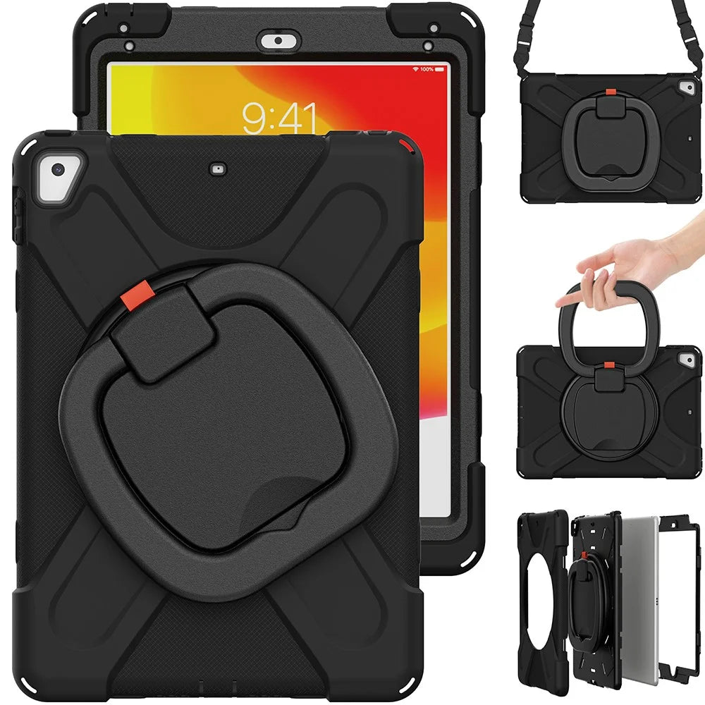 Flexible Tablet Cover with 360 Degree Swivel Kickstand + Shoulder Strap (B Style) for iPad 9.7-inch (2017) / (2018) / Air 2 - Black / Black - 3