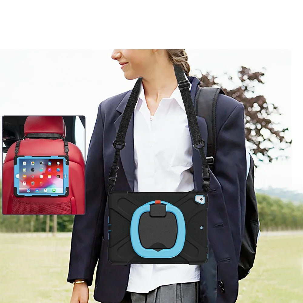 Flexible Tablet Cover with 360 Degree Swivel Kickstand + Shoulder Strap (B Style) for iPad 9.7-inch (2017) / (2018) / Air 2 - Black / Black - 4