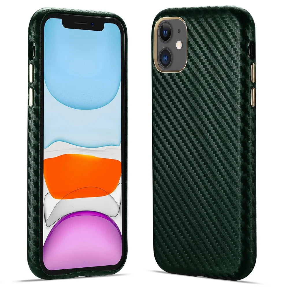 Carbon Fiber PU Leather Coated Hard PC Well-Protected Protective Cover for iPhone 11 6.1 inch - Green - 1
