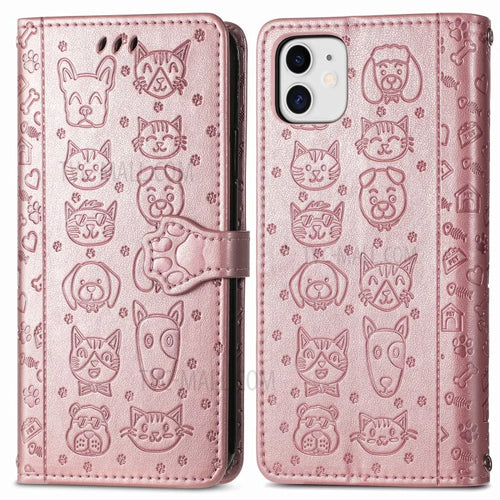 Imprinting Cat Dog Pattern Design Magnetic Leather Stand Case for iPhone 11 6.1-inch - Rose Gold - 1