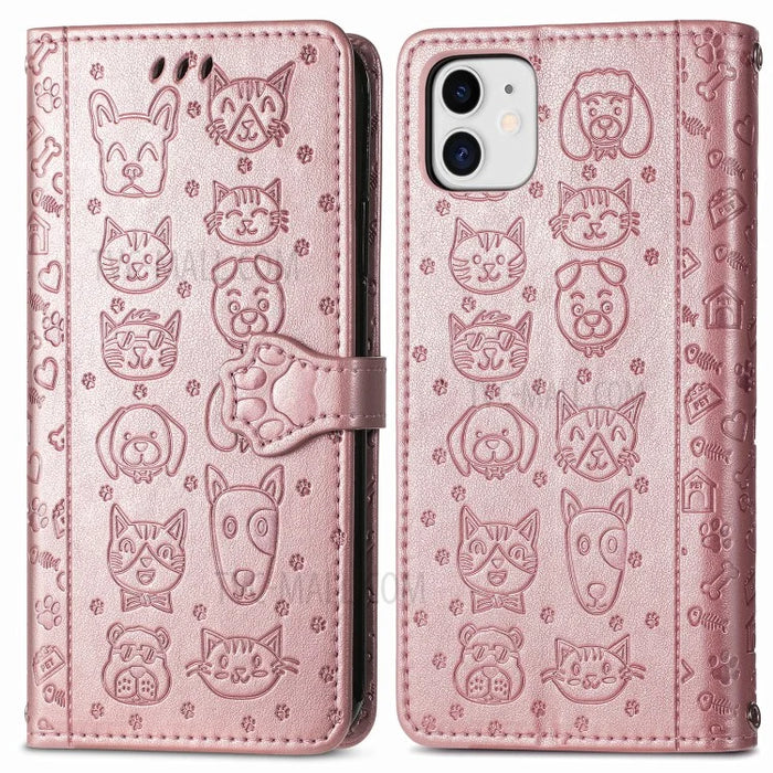 Imprinting Cat Dog Pattern Design Magnetic Leather Stand Case for iPhone 11 6.1-inch - Rose Gold - 1