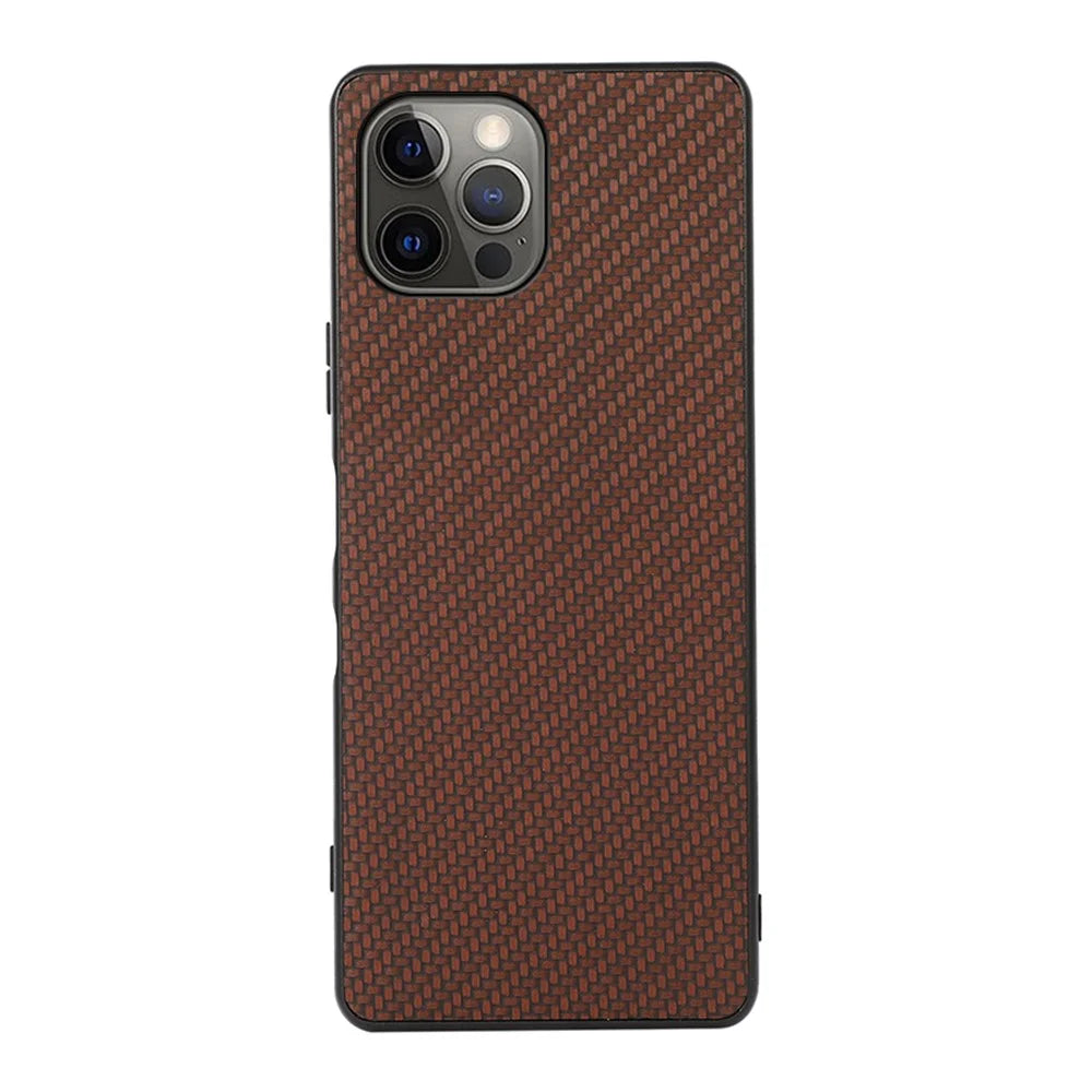 Carbon Fiber Texture Leather Case Back Cover for iPhone 12 Pro Max - Brown - 1