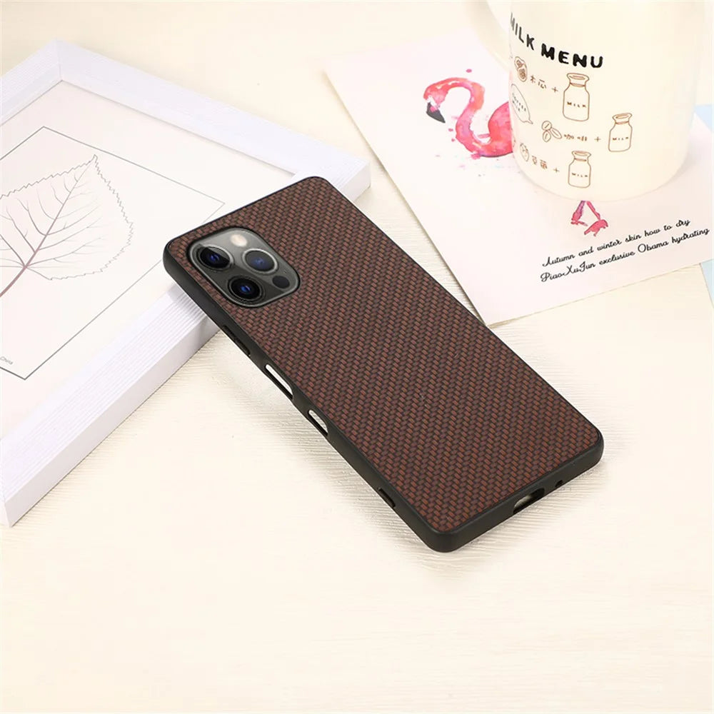 Carbon Fiber Texture Leather Case Back Cover for iPhone 12 Pro Max - Brown - 3