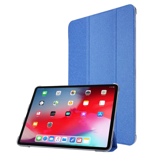 Silk Texture Tri-fold Stand PU Leather Tablet Smart Case Cover Shell for iPad Pro 12.9-inch (2021) - Dark Blue - 1