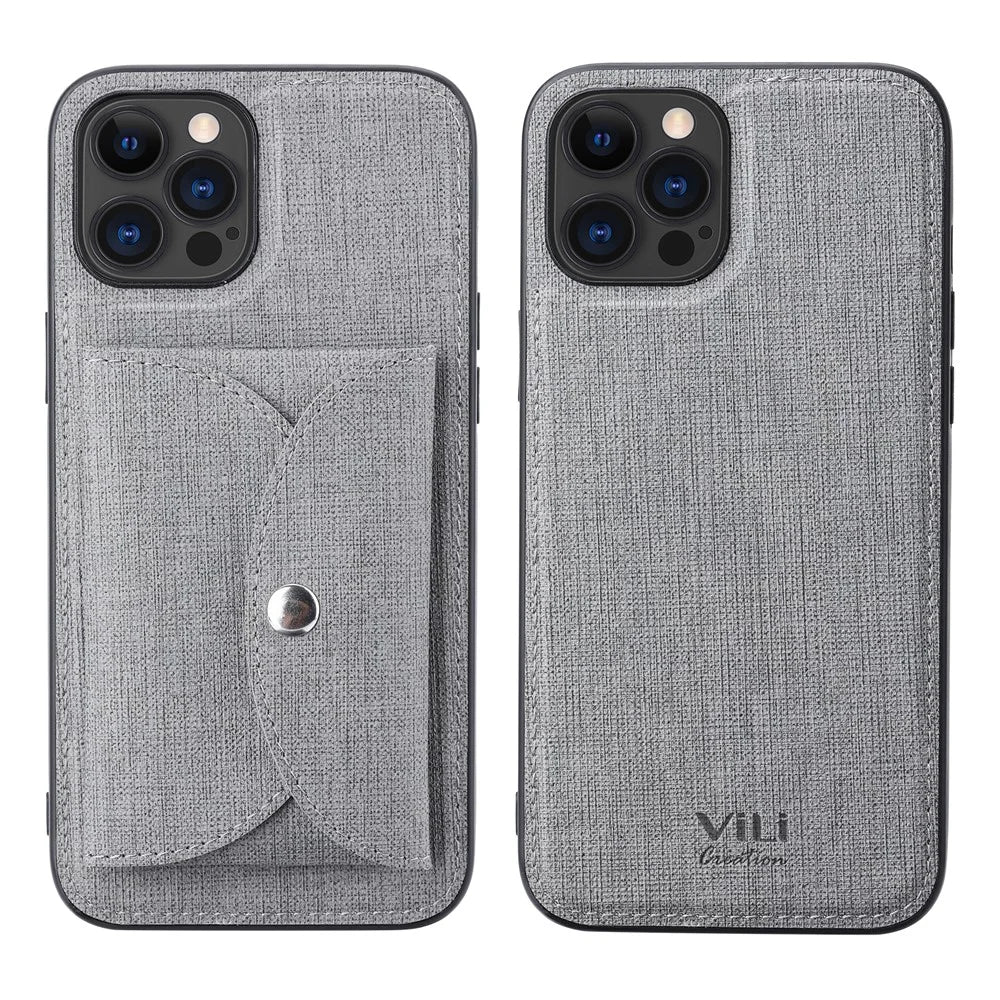VILI T Series for iPhone 12 Pro Max Leather Coated TPU Phone Case Movable Magnetic Absorption Back Cover with Card Holder - Grey - 1