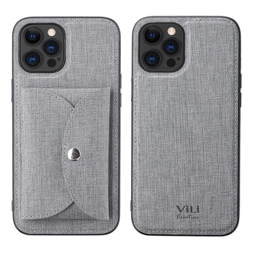 VILI T Series for iPhone 12 Pro Max Leather Coated TPU Phone Case Movable Magnetic Absorption Back Cover with Card Holder - Grey - 1
