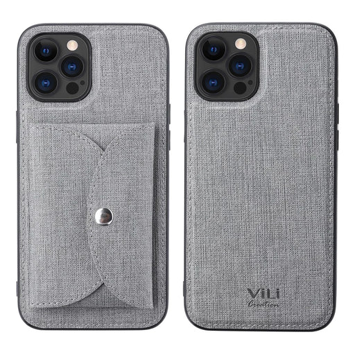 VILI T Series for iPhone 12 Pro Max Leather Coated TPU Phone Case Movable Magnetic Absorption Back Cover with Card Holder - Grey - 1