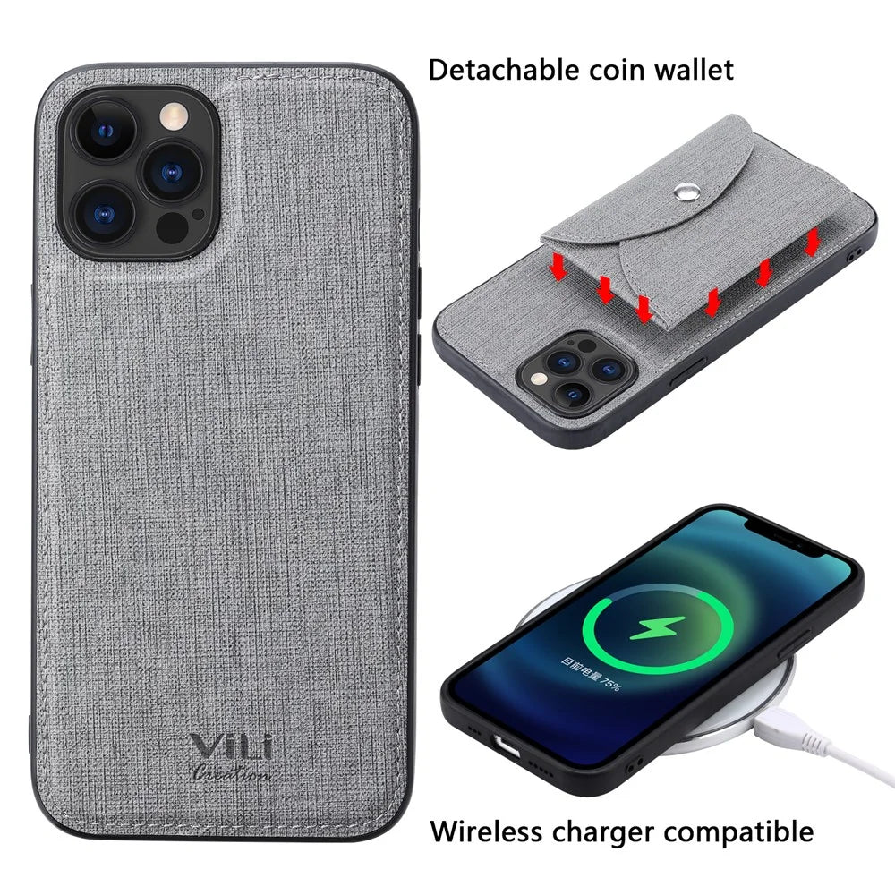 VILI T Series for iPhone 12 Pro Max Leather Coated TPU Phone Case Movable Magnetic Absorption Back Cover with Card Holder - Grey - 3